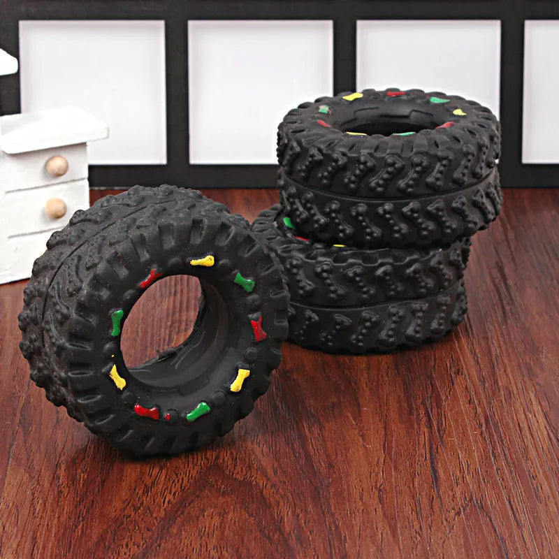 Durable rubber tire dog toy, black, designed for chewing and dental health in pets