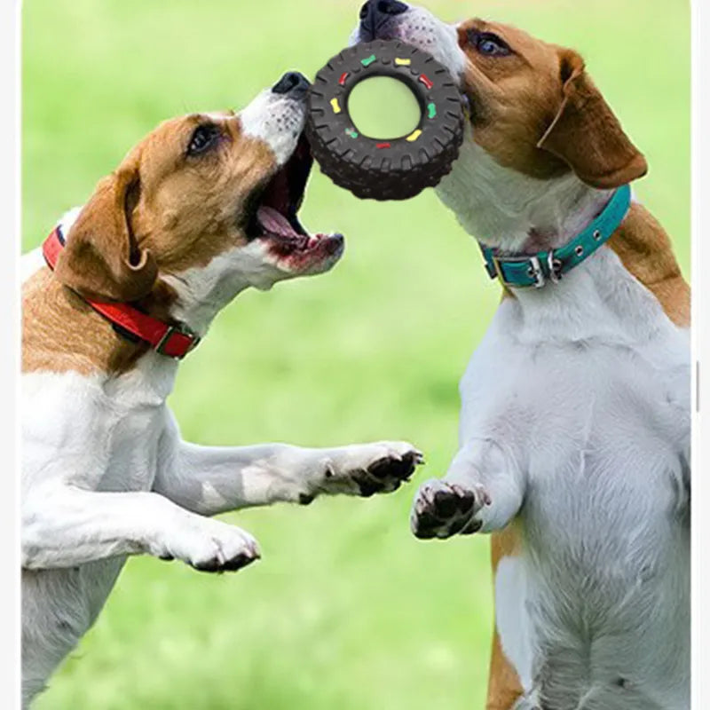 Close-up of a black tire dog chew toy, highlighting its textured surface for dental benefits
