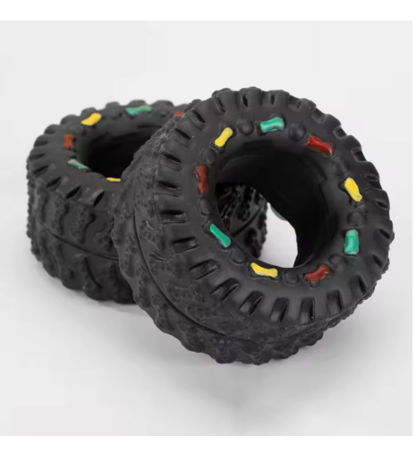Dog dental chew toy, black and tire-shaped, a durable and engaging pet accessory