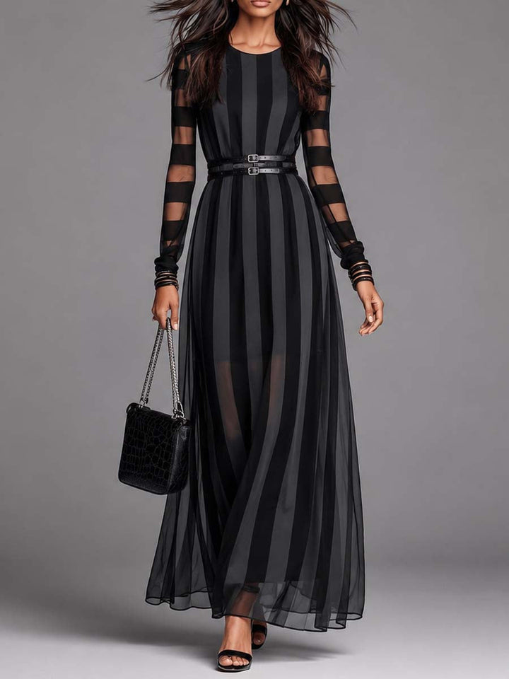Black elegant maxi dress for women, featuring sheer stripe long sleeves and a sophisticated round neck.