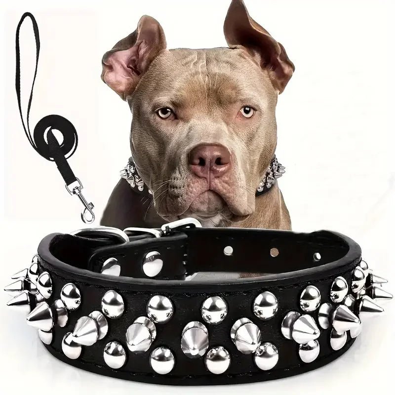 Black faux leather dog collar with chrome spikes and matching leash, ideal for dog training and walking.