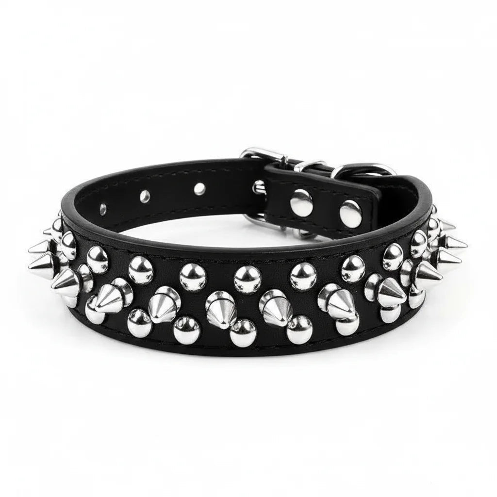 Unisex spiked dog collar made from durable faux leather, paired with a sturdy leash for pet walking.