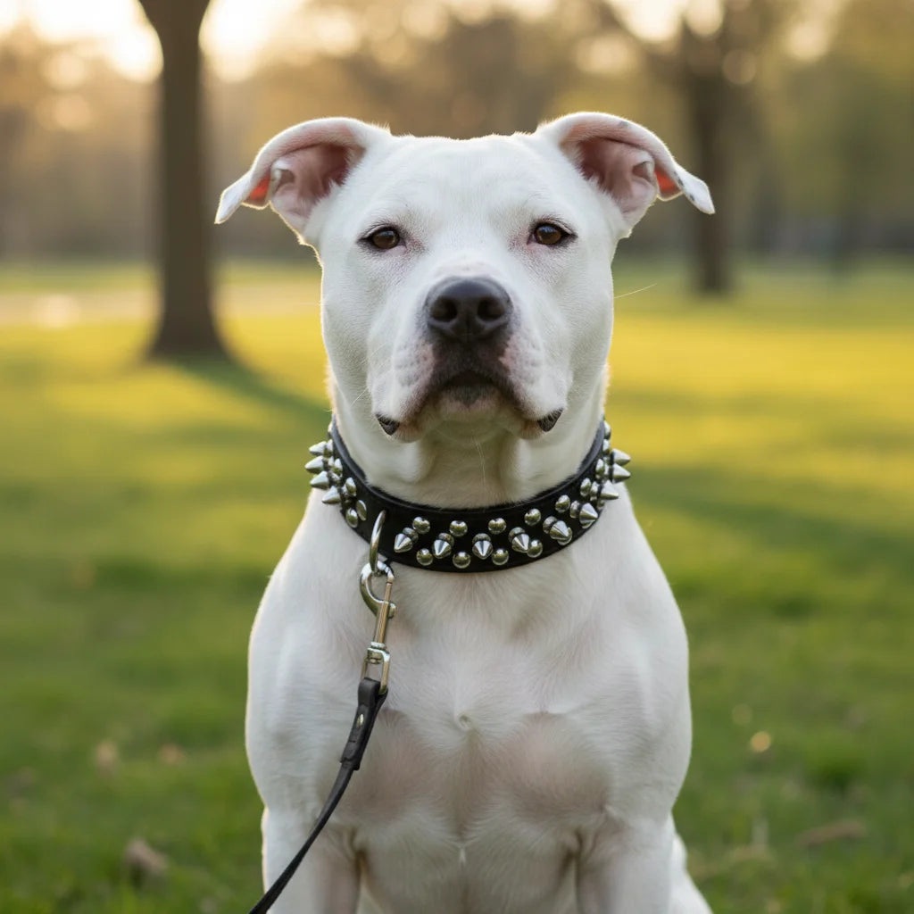 Adjustable faux leather dog collar featuring metal spikes, and a black leash. Perfect dog training gear.