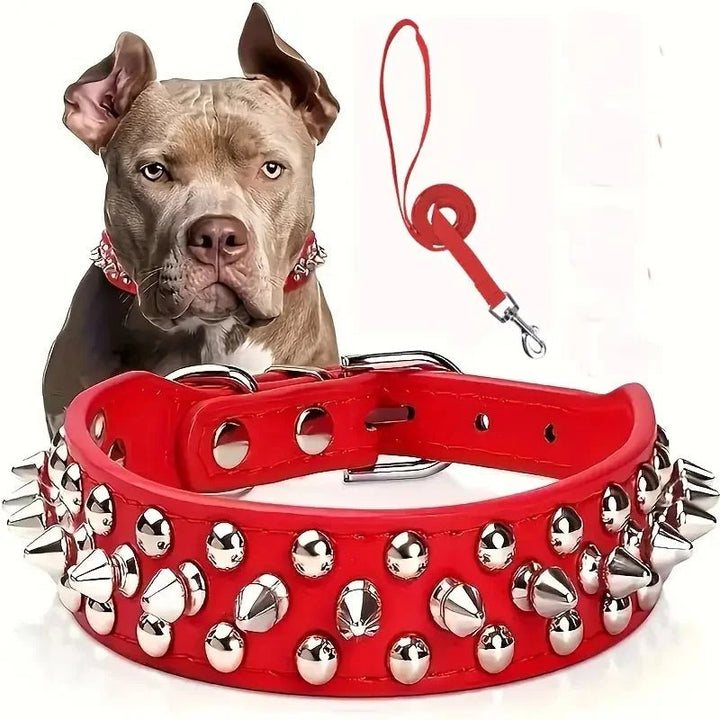 Unisex pet accessory set: spiked faux leather dog collar and leash for stylish and safe dog walks.