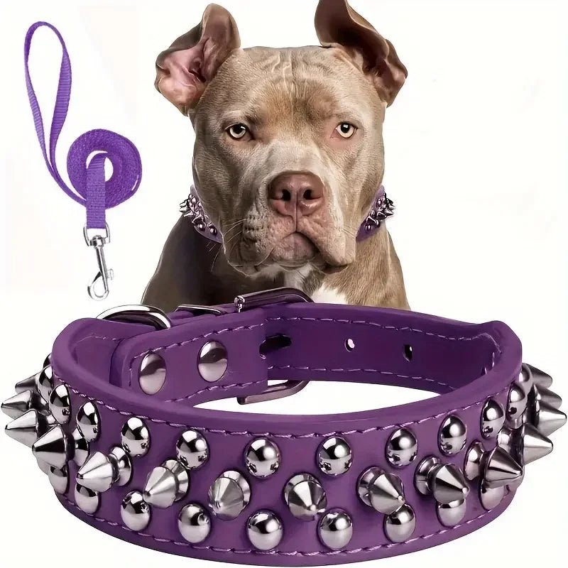 Durable faux leather spiked dog collar with an adjustable fit, accompanied by a matching long leash.