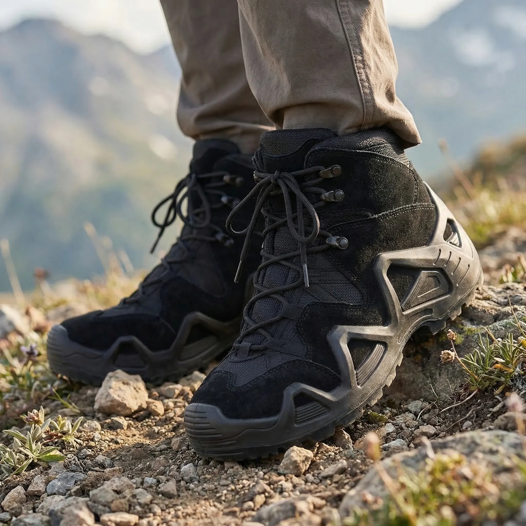 Black men's durable tactical boots with ankle support, ideal for all-terrain hiking and work footwear.