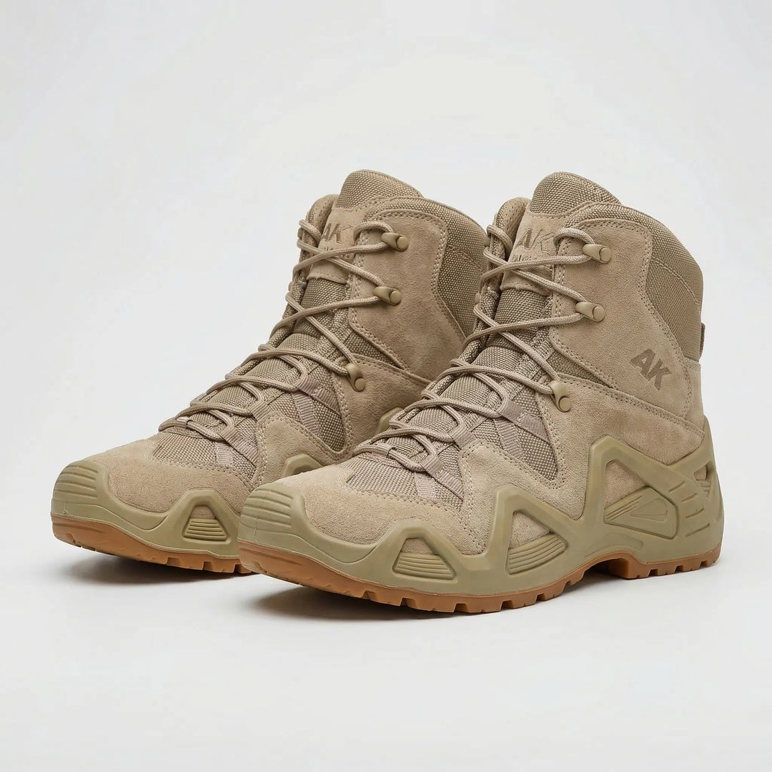 Weatherproof black men's tactical boots, all-terrain, ideal for cold weather hiking, work, and outdoor tasks.