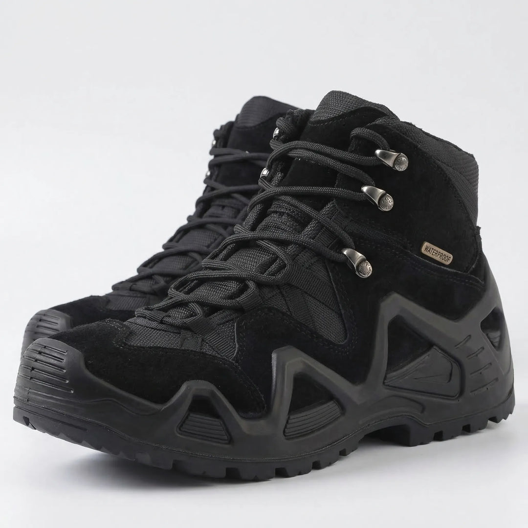Sandy men's all-terrain tactical boots, durable hiking & work footwear, ideal for desert & rugged terrain.