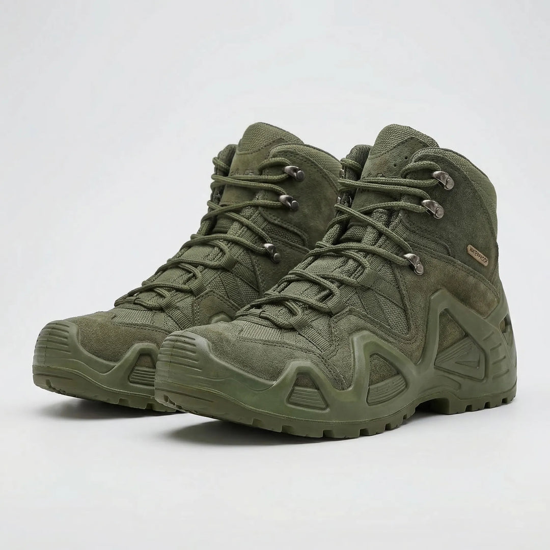 Men's black tactical boots providing superior ankle support for rugged outdoor hiking and demanding work.