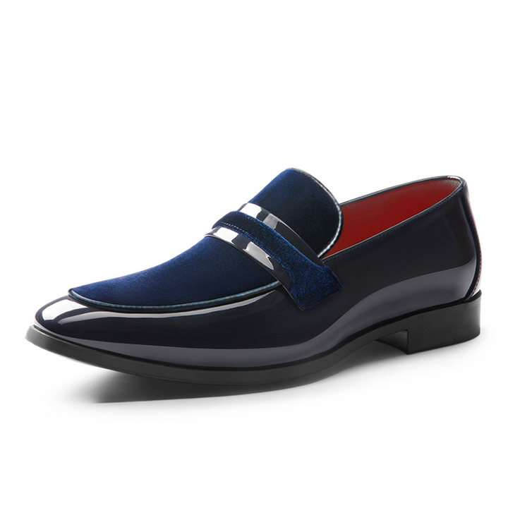 High-angle shot of men's navy dress loafers, emphasizing polished look and readiness for formal events.
