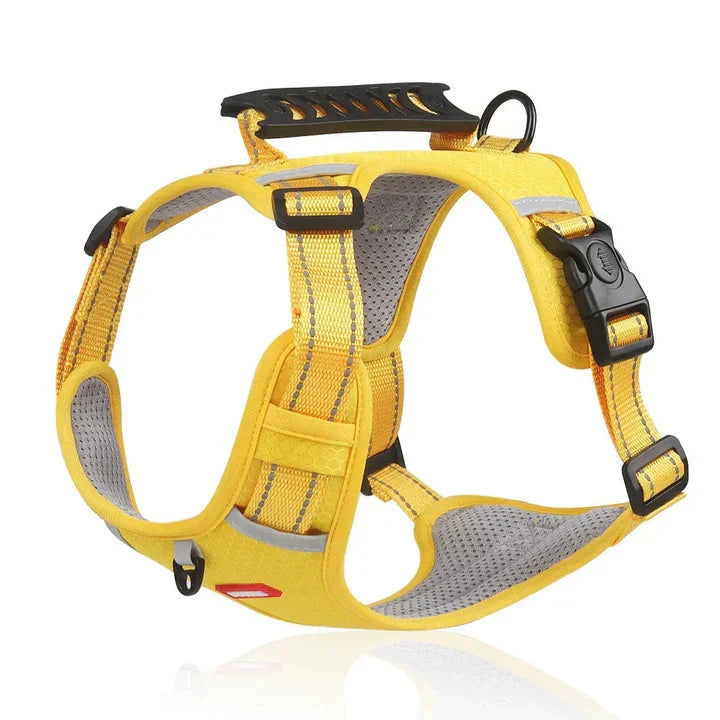 Premium yellow no-pull dog harness vest with comfortable padding and a sturdy control handle for easy pet walking.