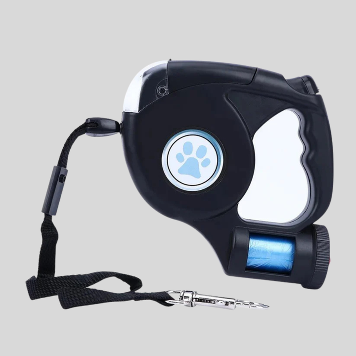 Black nylon dog leash with integrated LED light for night visibility, featuring a built-in flashlight.