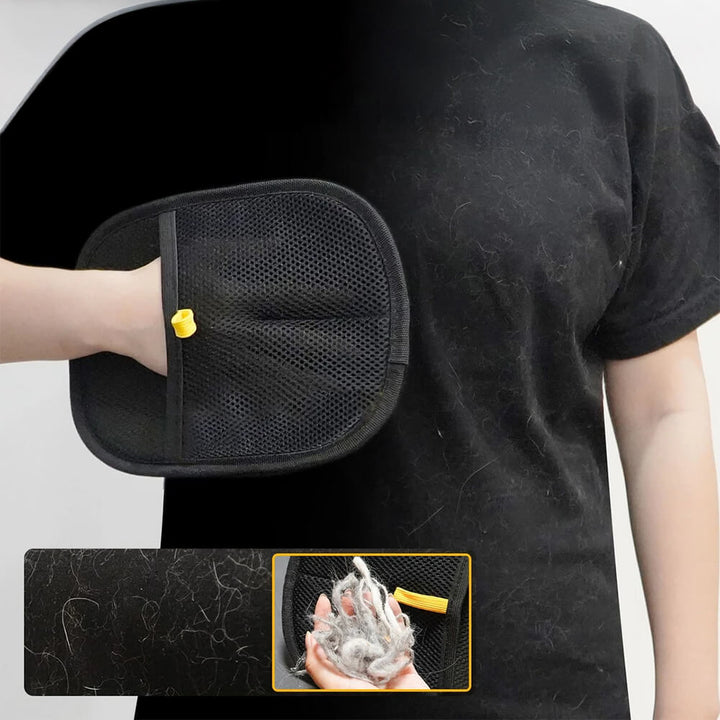 Ergonomic pet hair remover glove, black, demonstrating flexibility for grooming