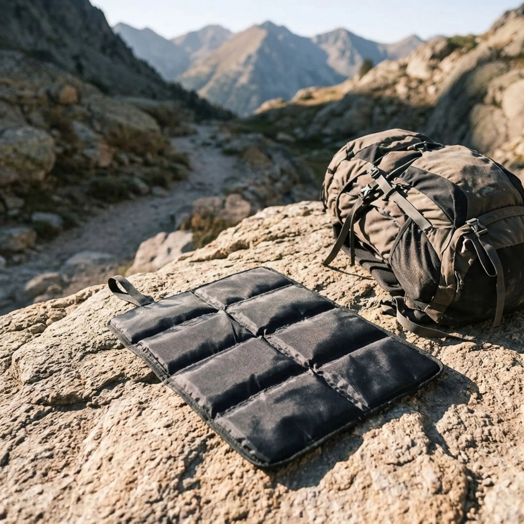 Black portable folding outdoor seat pad for camping, hiking, and travel. Lightweight & comfortable gear.