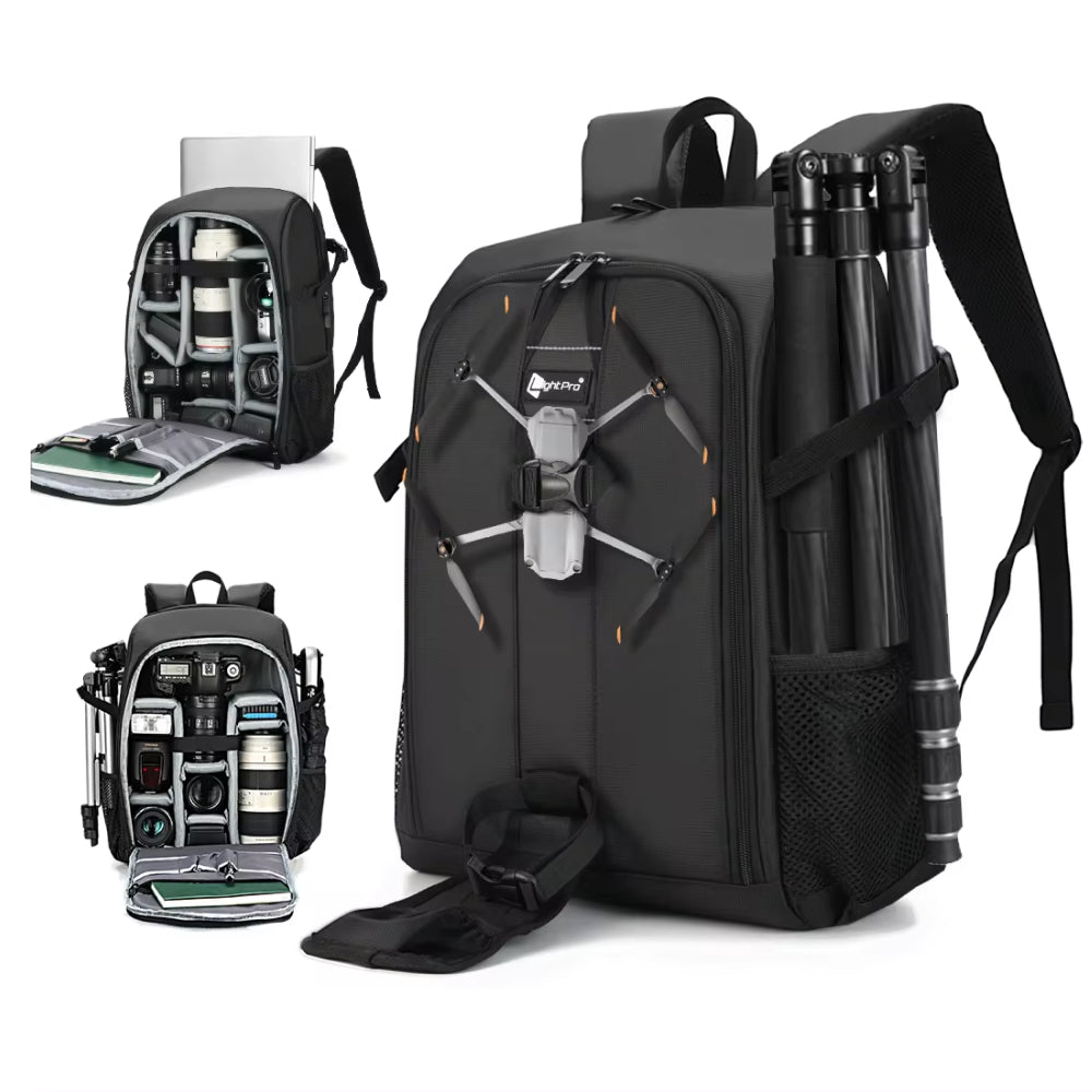 Black professional DSLR camera backpack, waterproof, spacious for photography gear, ultimate camera protection.