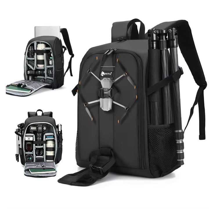 Black professional DSLR camera backpack, waterproof, spacious for photography gear, ultimate camera protection.