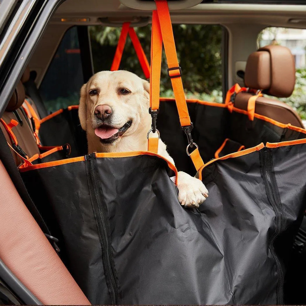 Black quilted water-resistant pet back car seat cover for vehicle protection during dog travel