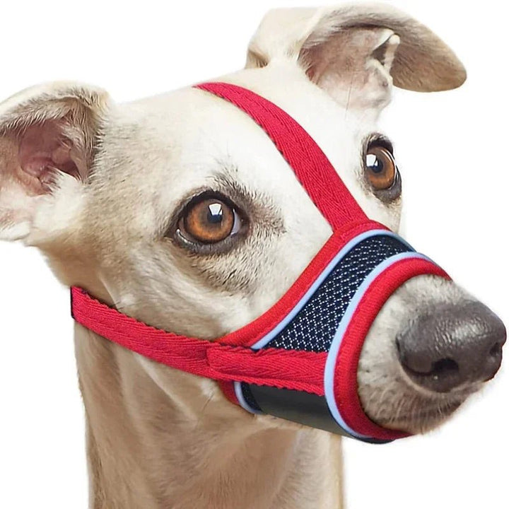 Adjustable black nylon dog muzzle, breathable design with reflective elements for dog safety