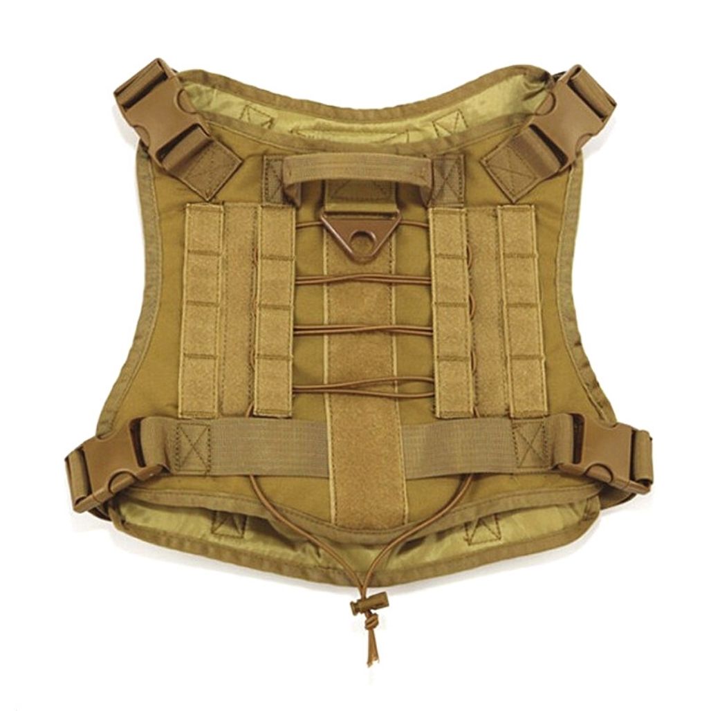 Tactical dog harness with metal D-rings for leash attachment, ideal for active dogs