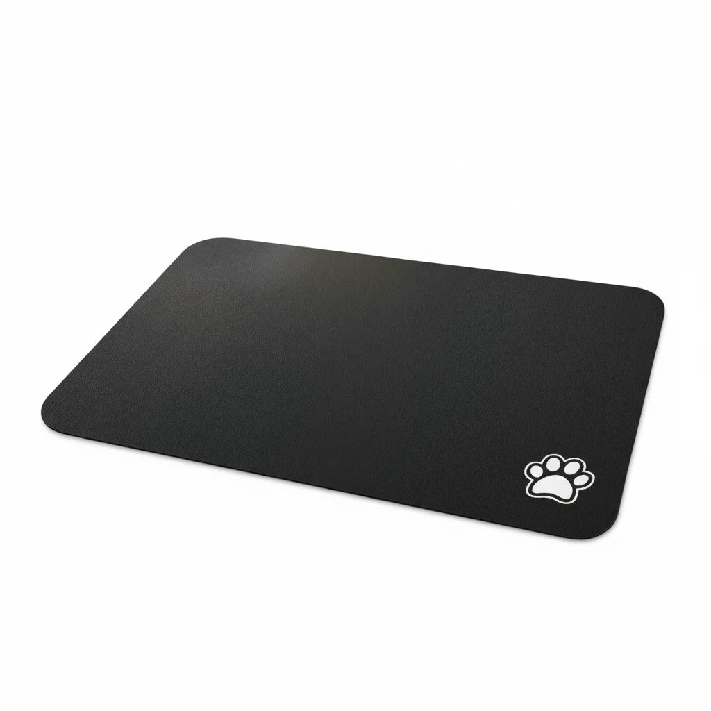 Grey absorbent non-slip pet feeding mat for dogs and cats, protecting floors from spills