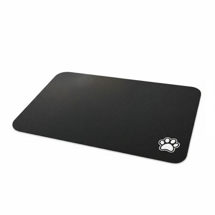 Grey absorbent non-slip pet feeding mat for dogs and cats, protecting floors from spills