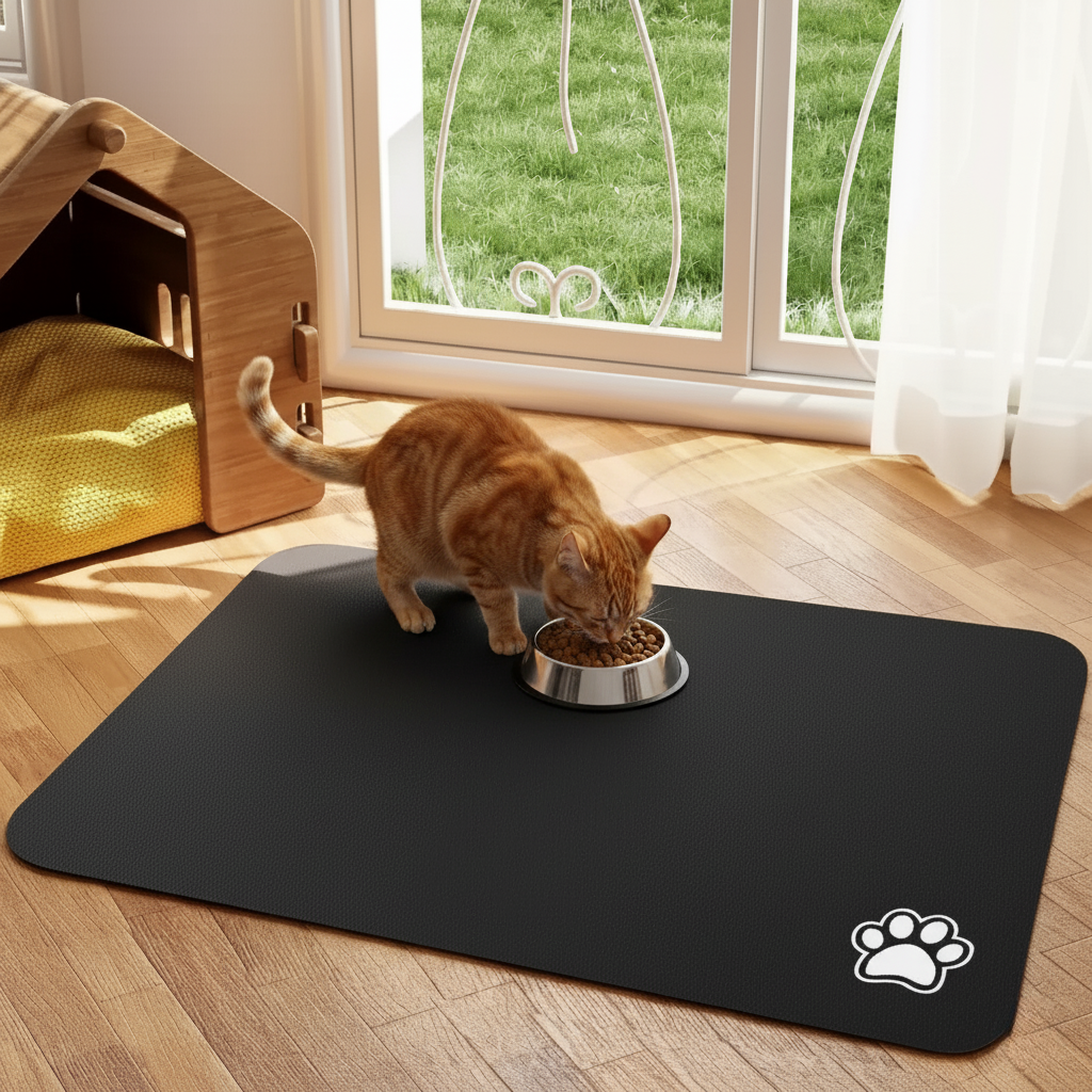 Brown pet feeding mat, non-slip and absorbent, perfect for pet food and water bowls