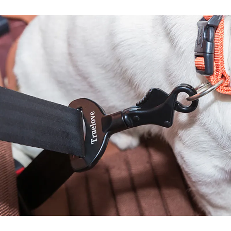 Secure dog gear: black car seat belt clip for pet travel and vehicle safety