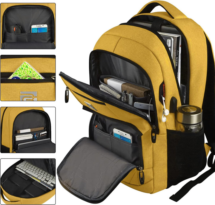 Detail of the integrated USB charging port on a unisex tech anti-theft backpack.