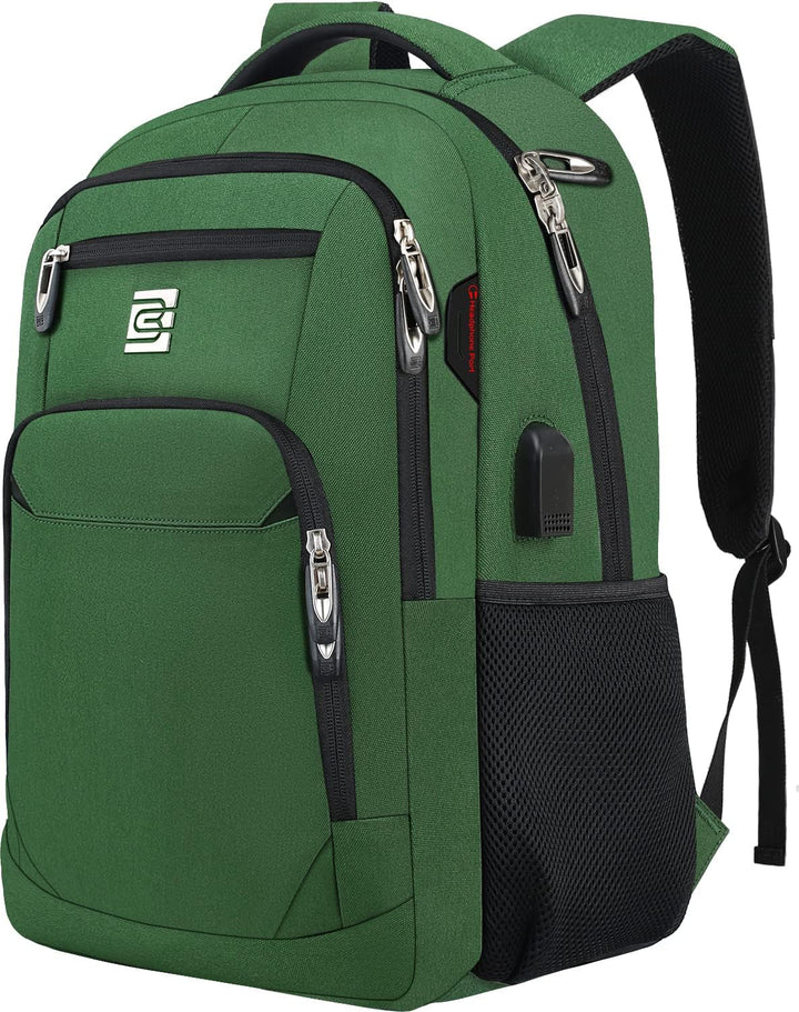 Person connecting phone to USB port on an anti-theft travel backpack.