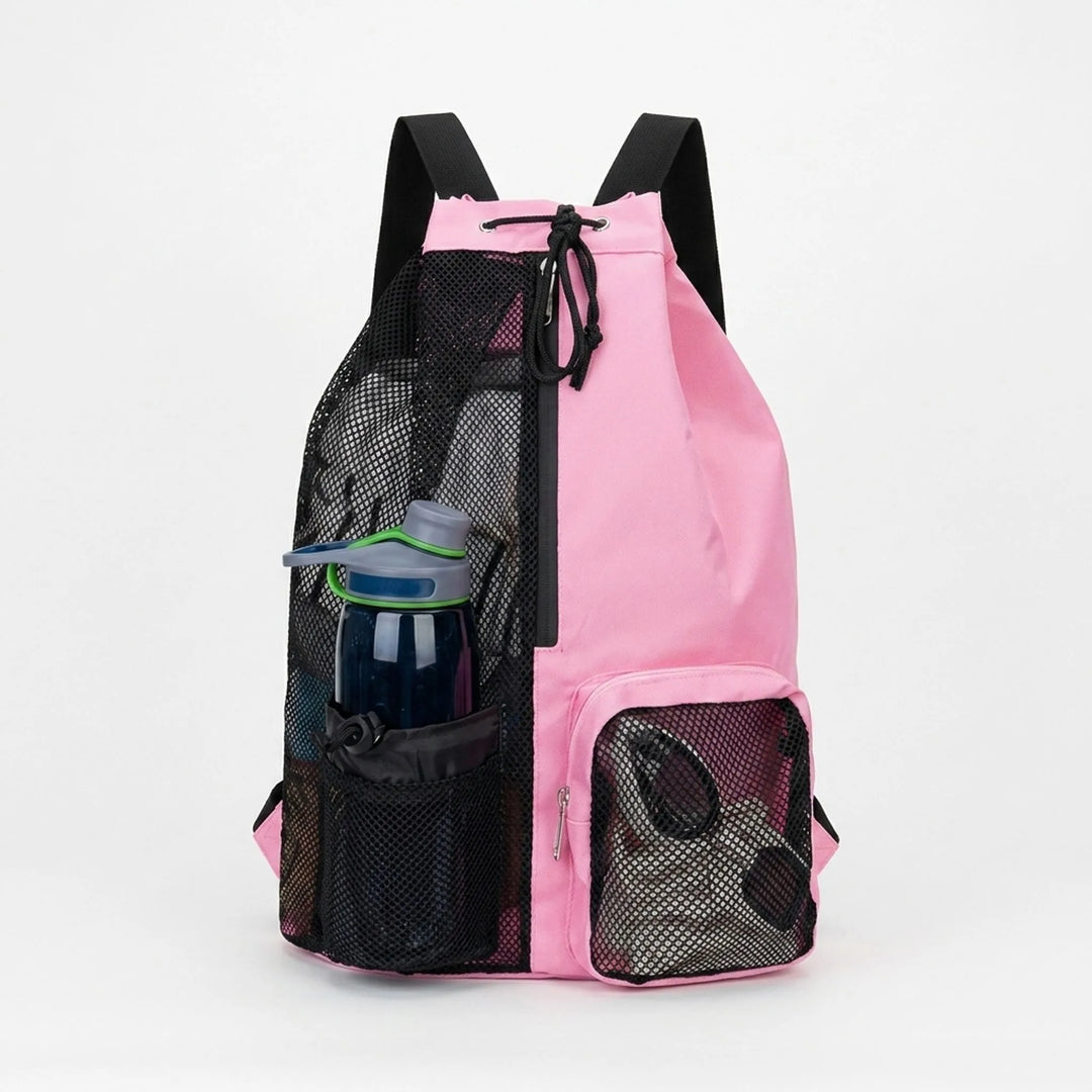 Close-up of a black ventilated sports drawstring backpack, perfect gym bag for breathable workout gear.