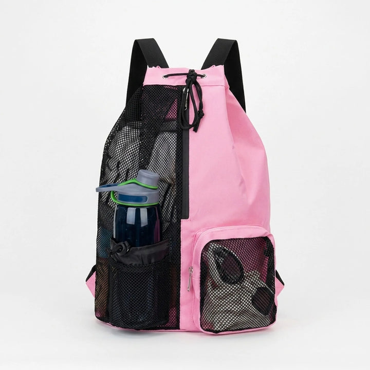 Close-up of a black ventilated sports drawstring backpack, perfect gym bag for breathable workout gear.
