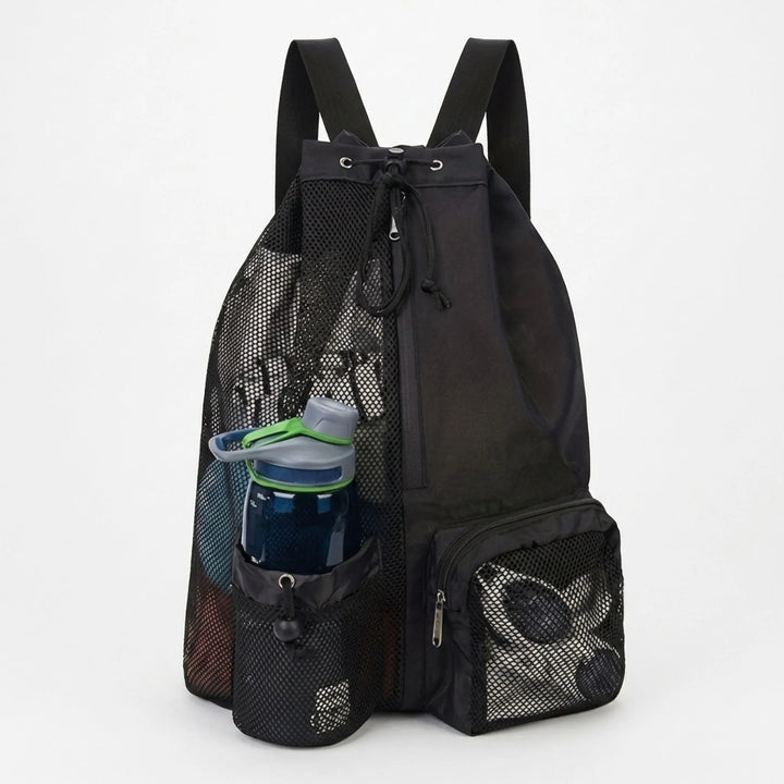 Black unisex sports drawstring backpack from an angle, a versatile gym bag for workout and travel.