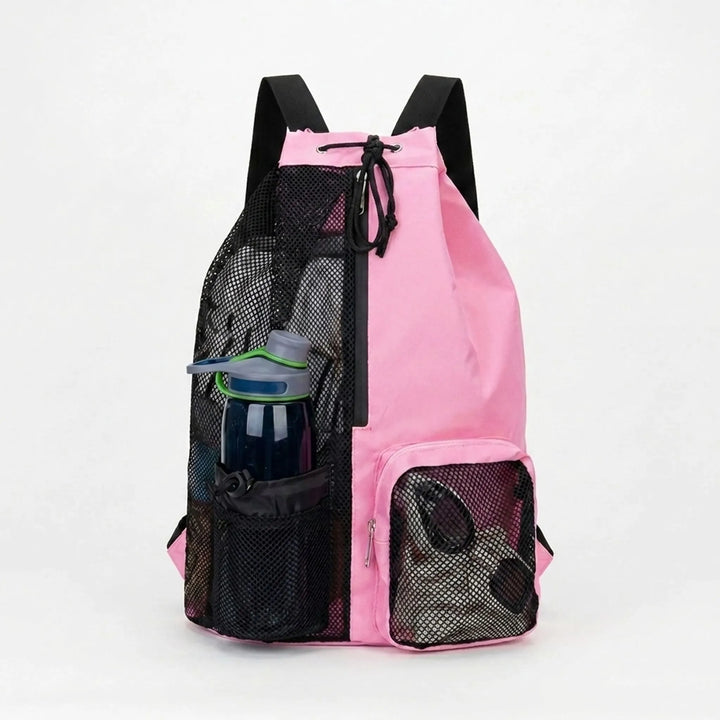 Spacious black unisex drawstring sports backpack, perfect ventilated gym bag for activewear & workout essentials.