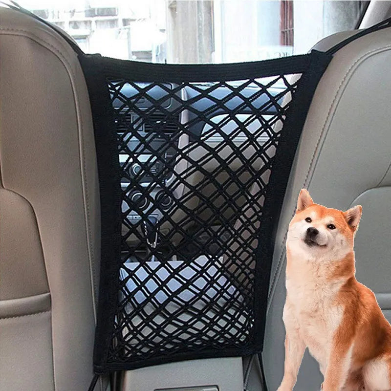 Black universal fit car interior storage mesh bag organizer, ideal for vehicle cargo management
