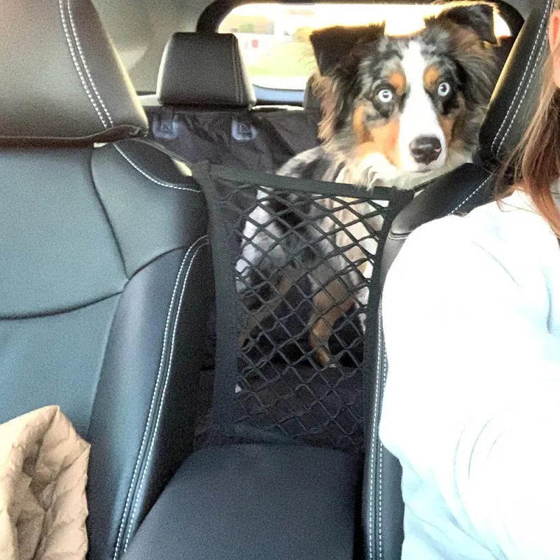 Auto accessory: black mesh storage bag for car interior, securely holding items in place