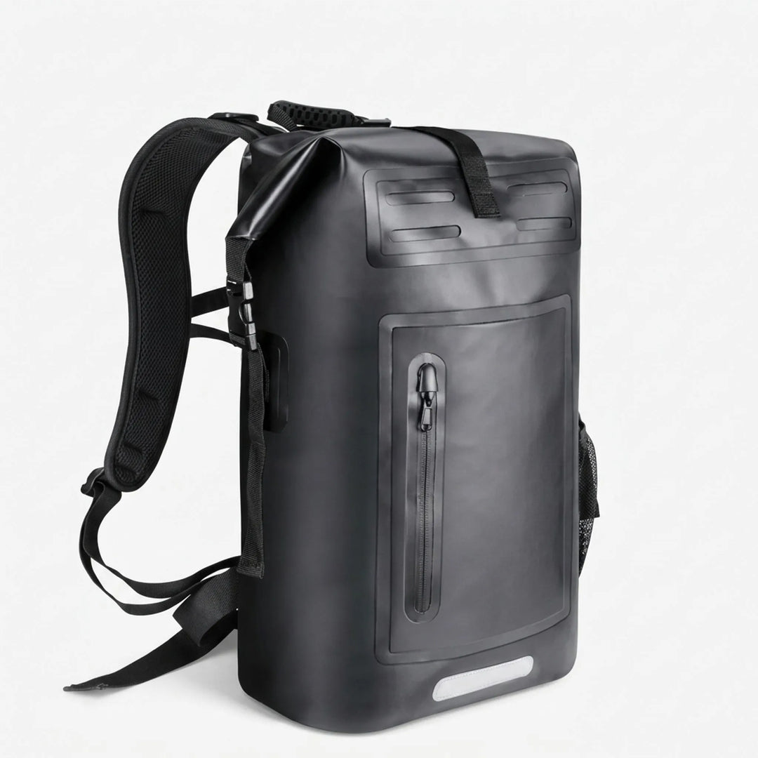 Durable black waterproof roll-top travel backpack for hiking, camping, and adventures.