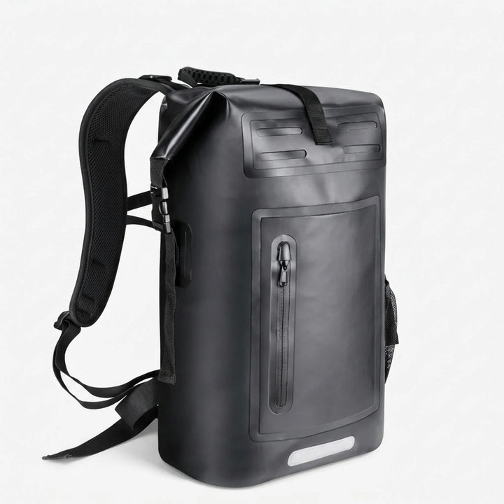 Durable black waterproof roll-top travel backpack for hiking, camping, and adventures.