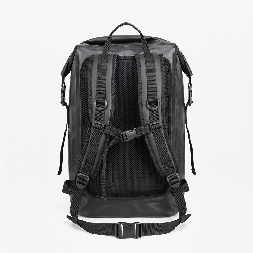 Keep gear dry with this black waterproof roll-top backpack for camping, hiking, & travel.