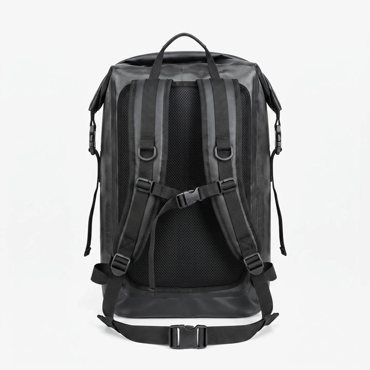Keep gear dry with this black waterproof roll-top backpack for camping, hiking, & travel.