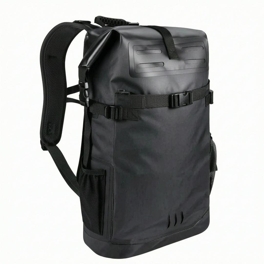 Stylish black waterproof roll-top backpack for outdoor adventures, travel, camping & day trips.