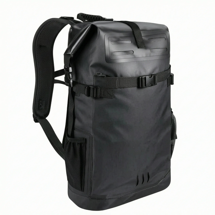 Stylish black waterproof roll-top backpack for outdoor adventures, travel, camping & day trips.