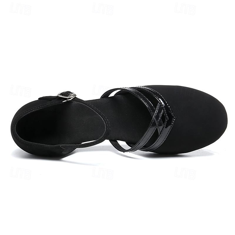 Comfortable women's black ankle strap dance shoes, designed for secure performance and versatile dancewear.