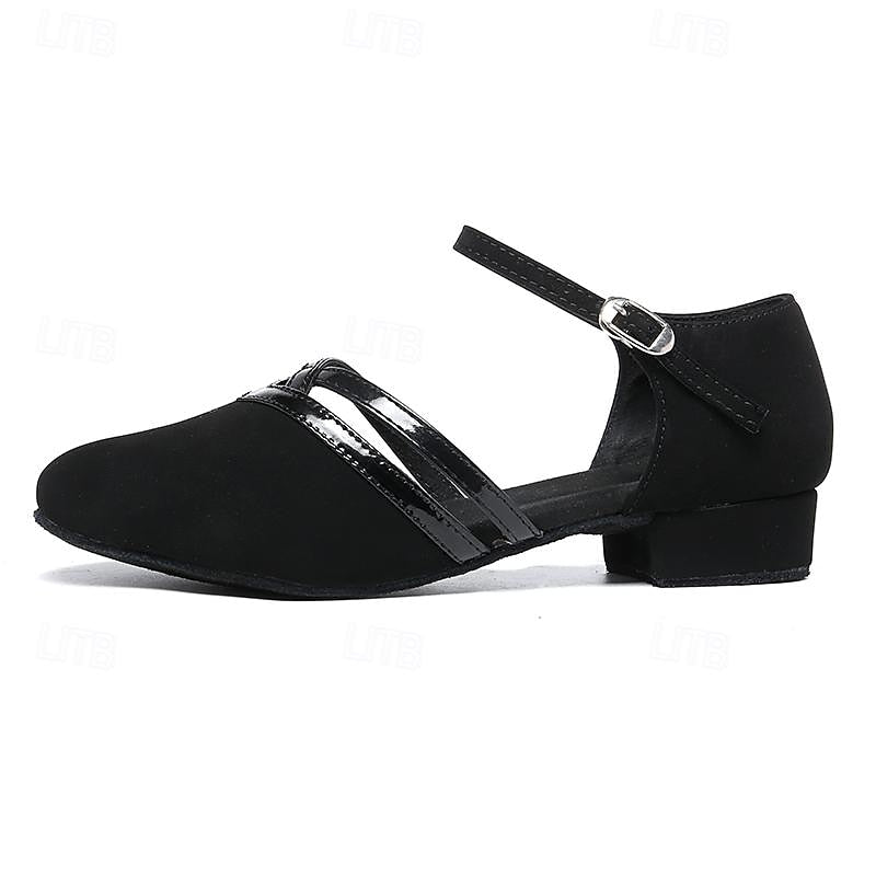 Stylish black women's ankle strap dance shoes offering a secure fit for all performance and dancewear needs.