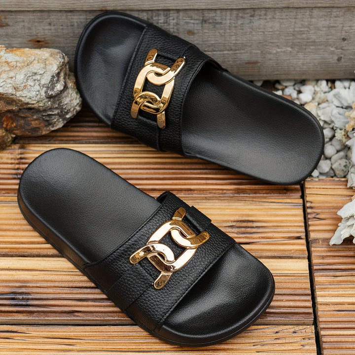 Versatile women's black casual sandals; comfortable slip-on flats for all your everyday adventures.