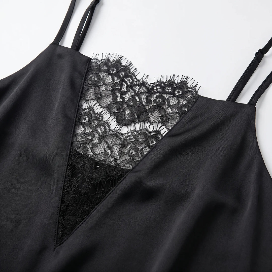 Stylish black lace-trim slip dress for women, a versatile mini dress ideal for party wear & evening events.