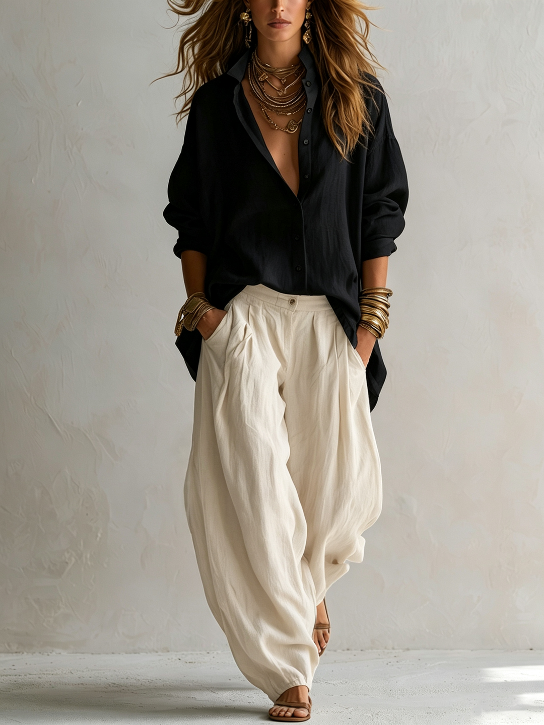 Black women's relaxed two-piece set with button-up shirt and wide-leg pants. Perfect for summer resort wear.