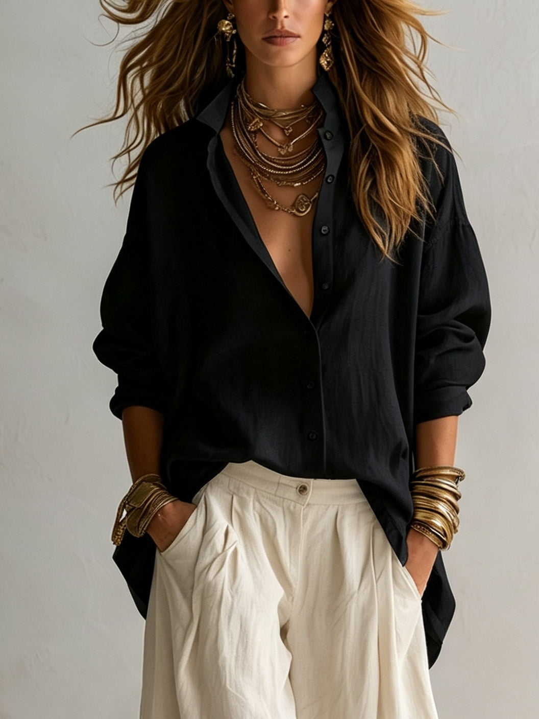Effortless black women's summer outfit: a relaxed button-up shirt & chic wide-leg pants. Ideal for brunch or resort.