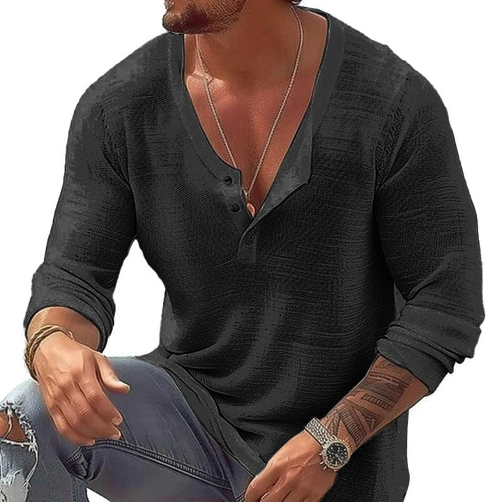 Stylish men's U-neck Henley tee, long sleeves, ideal for casual summer shirt or everyday relaxed wear.