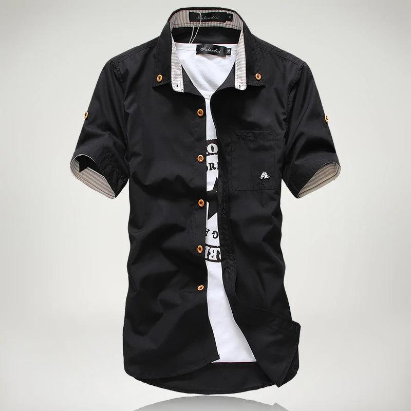 Stylish men's casual short sleeve button-up shirt with contrast stitch, great for summer days.