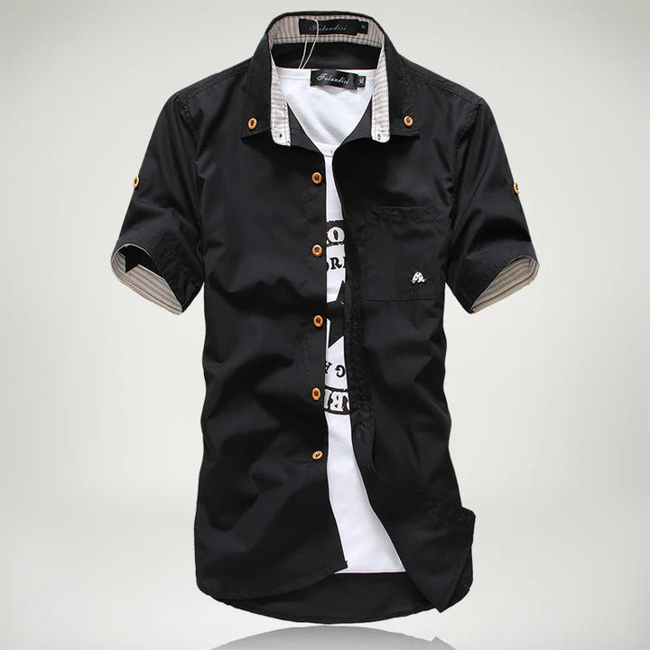 Stylish men's casual short sleeve button-up shirt with contrast stitch, great for summer days.